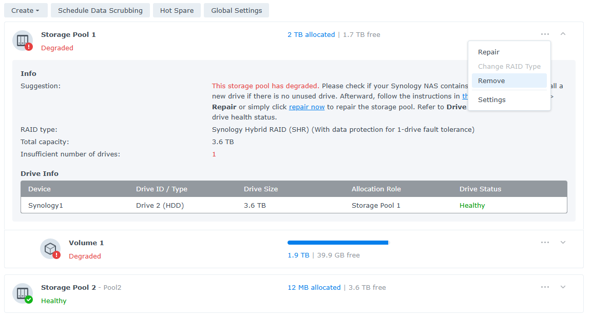 Smazat degradovaný pool