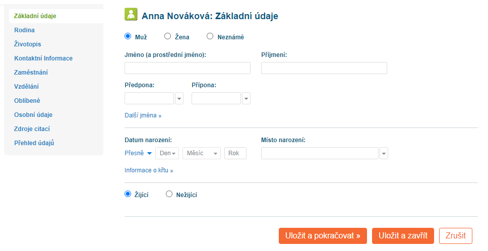 MyHeritage - údaje osoby
