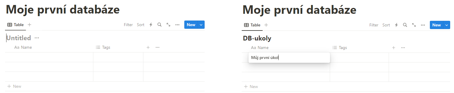 Notion - vytvoření databáze - název a první záznam