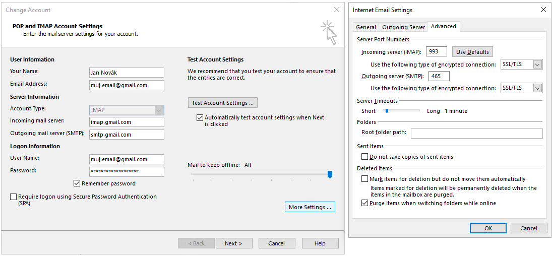 Přidání účtu do Outlooku (Gmail)