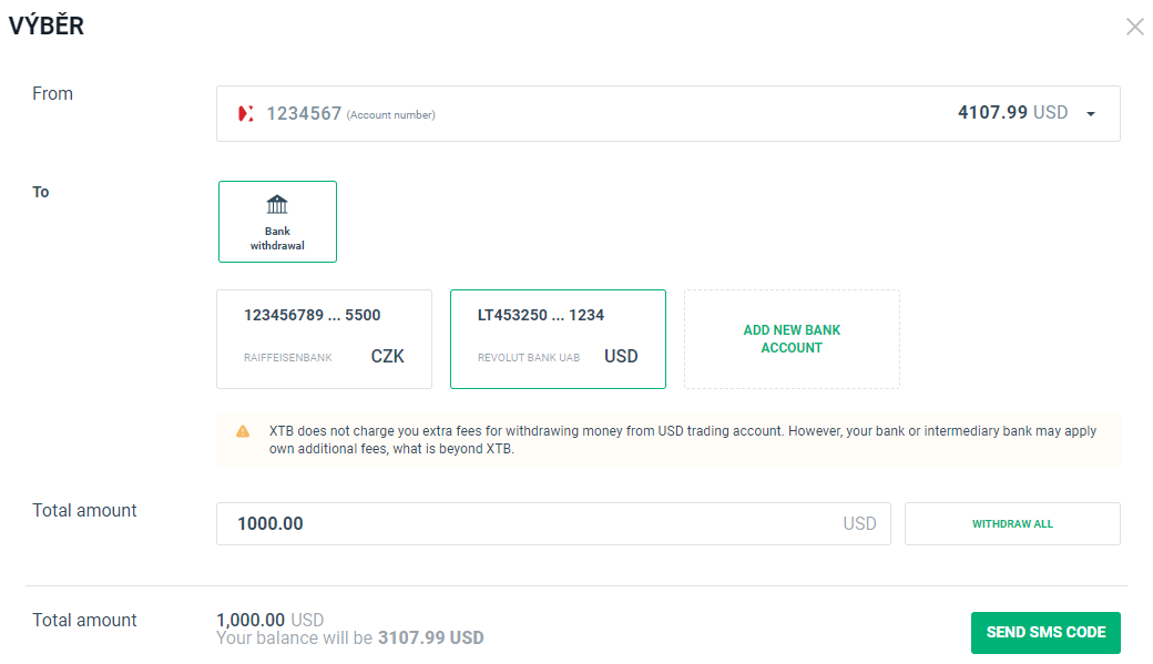 Výběr z XTB na Revolut v USD